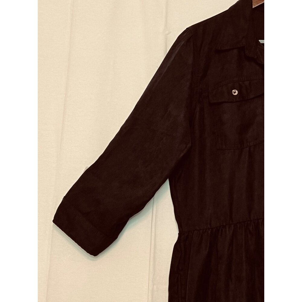 XL Black Midi Button-Up Dress Rolled Sleeves Pockets Millennium Casual Boho - Picture 13 of 16